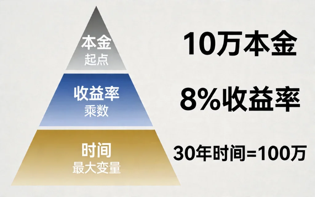倒金字塔三层权重对比，时间收益率本金重要性递减，时间是最强变量