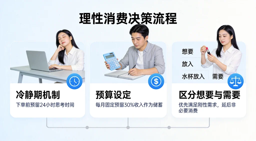 理性消费决策流程图,扁平UI设计展示冷静期机制、预算设定与想要需要区分