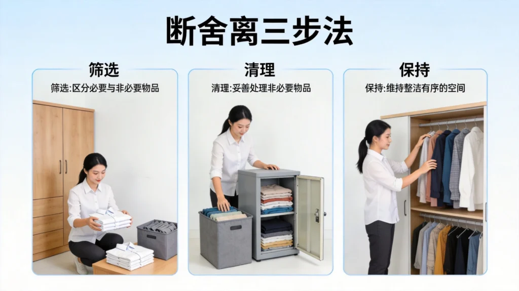断舍离三步骤流程图,扁平UI设计展示筛选、清理、保持三个阶段