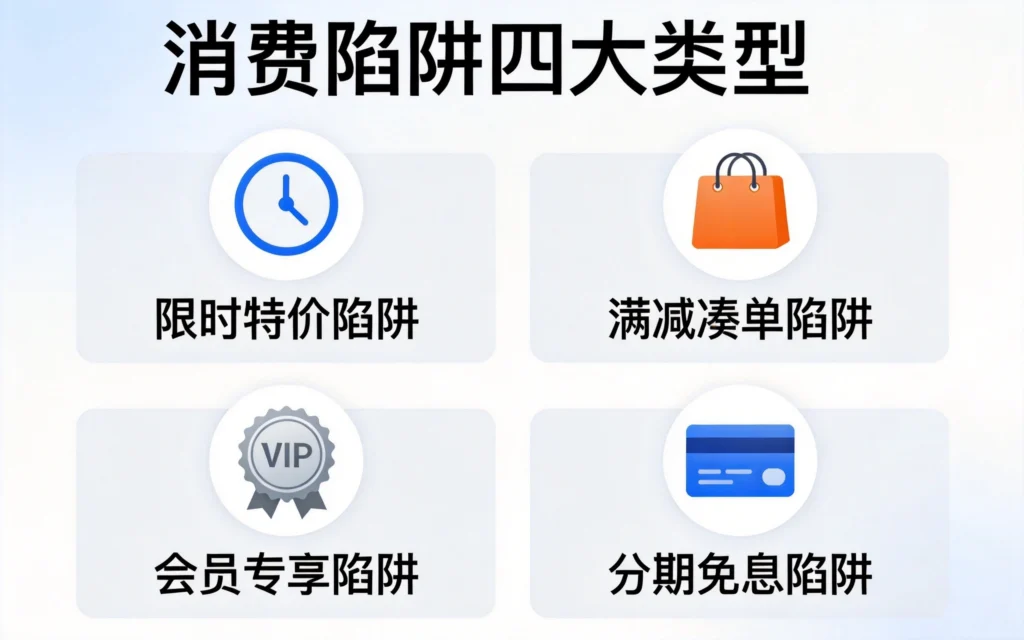 消费陷阱四大类型分类图,限时特价、满减凑单、会员专享、分期免息