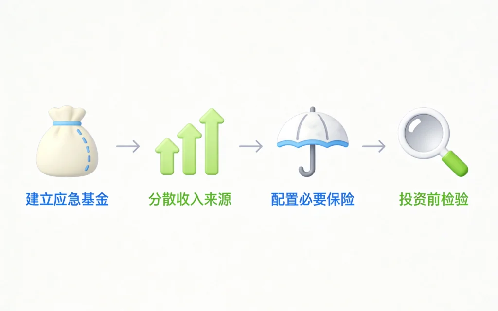 财务风险管理四步法流程图，从应急基金到投资检验的完整路径