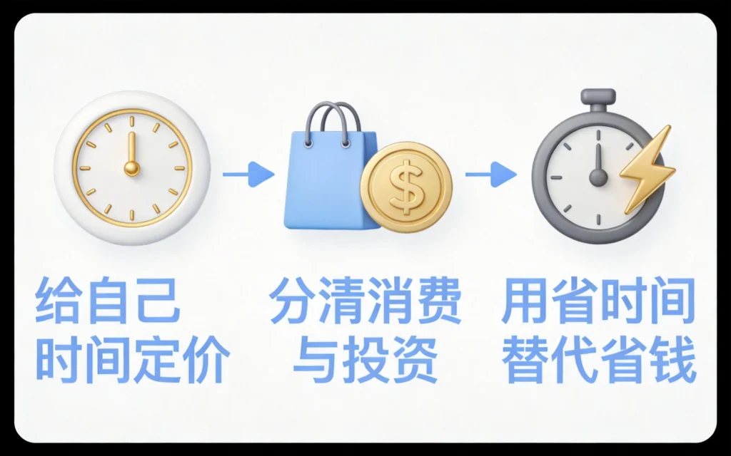 时间价值思维培养三步法流程图,从时间定价到省时间替代省钱