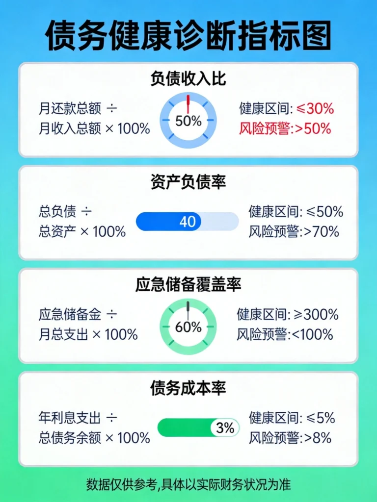 债务健康诊断指标图,清晰展示负债收入比、资产负债率等四大核心财务指标