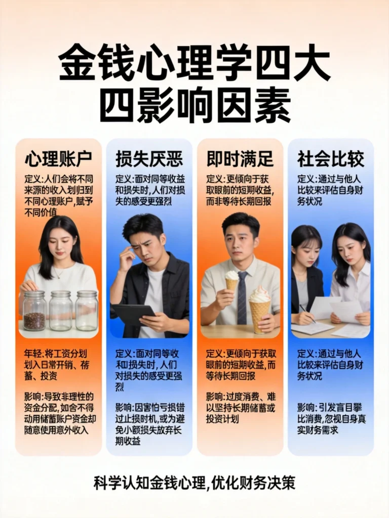 金钱心理学四大影响因素信息图,清晰展示心理账户、损失厌恶、即时满足、社会比较