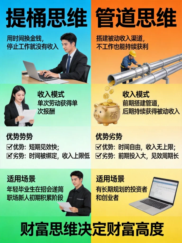 提桶思维与管道思维对比信息图,清晰对比两种财富路径的收入模式和优劣势