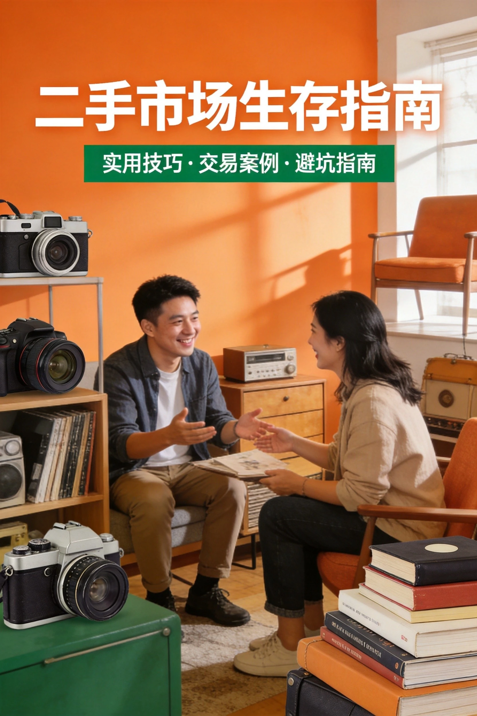 二手市场生存指南封面，展示二手交易场景，传递省钱购物和环保可持续理念