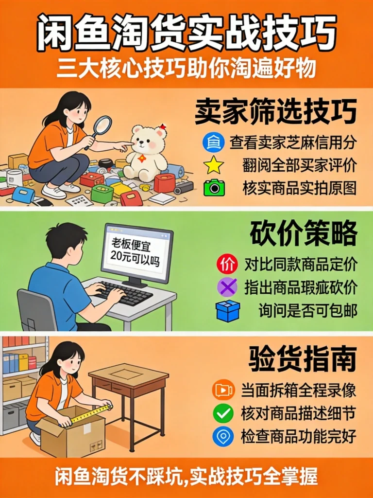 闲鱼淘货实战技巧图，清晰展示卖家筛选、砍价策略、验货指南三大核心技巧