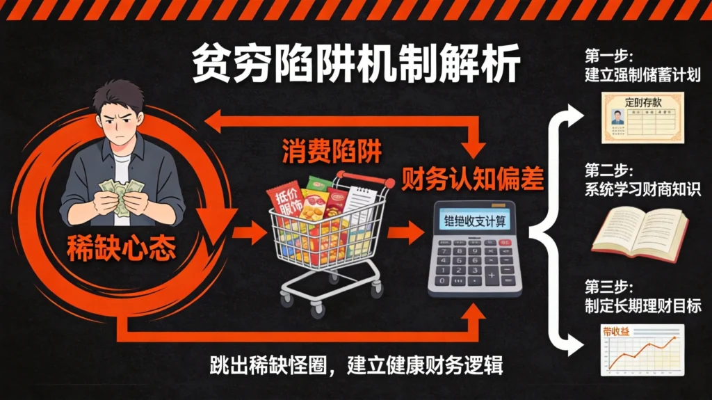 贫穷陷阱恶性循环机制解析,展示稀缺心态与消费陷阱的破解路径