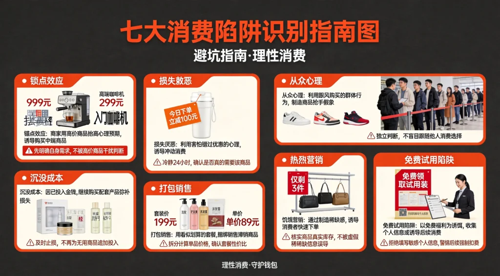 精明消费策略指南图，展示七大消费陷阱识别与应对方法
