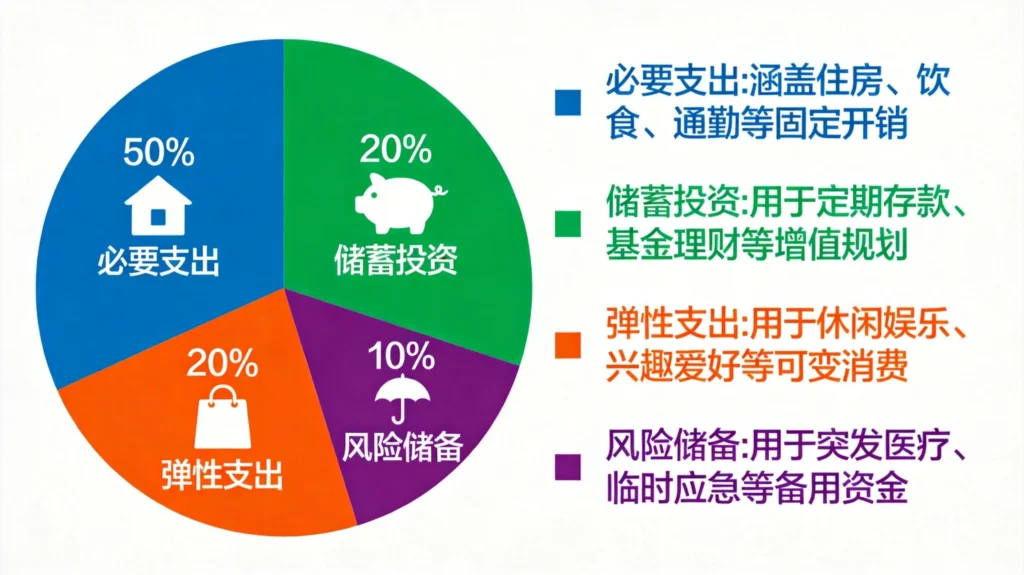家庭预算分配比例图表,清晰展示收入50/20/20/10的理财规划方案