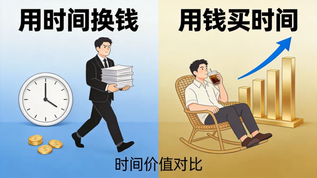 时间价值对比图表,清晰呈现主动收入与被动收入的财富思维差异