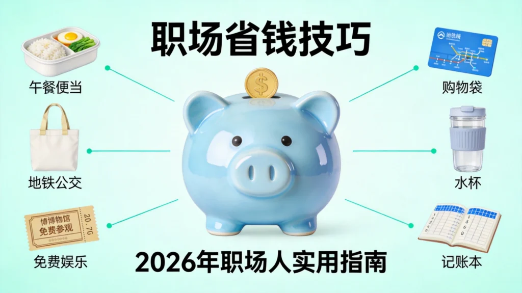 职场省钱方法信息图,涵盖午餐通勤购物娱乐等六大省钱维度,助力日常开销优化