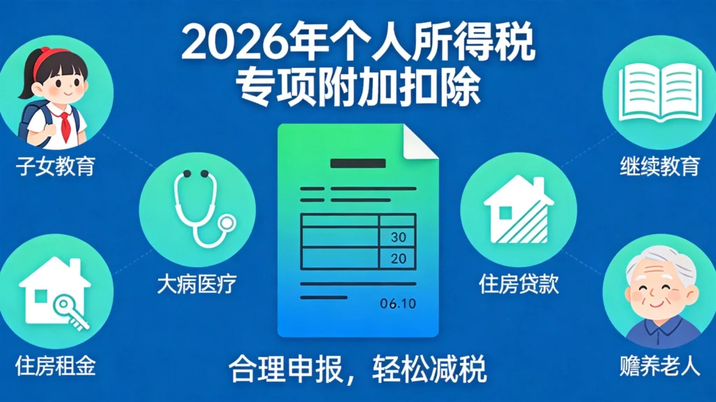 个税专项附加扣除六大项目信息图,涵盖子女教育住房贷款等关键扣除项