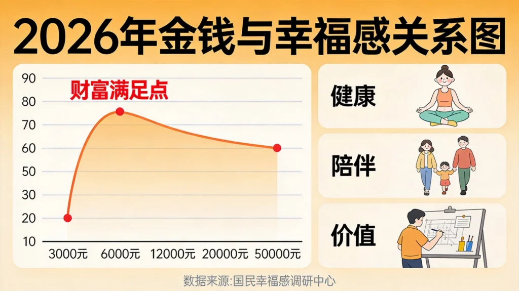 2026年金钱与幸福感关系图,含收入幸福曲线与幸福核心要素