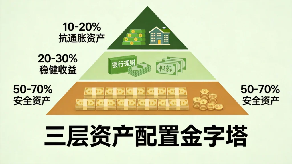 三层资产配置金字塔信息图，安全垫与稳健收益及抗通胀配置比例示意图