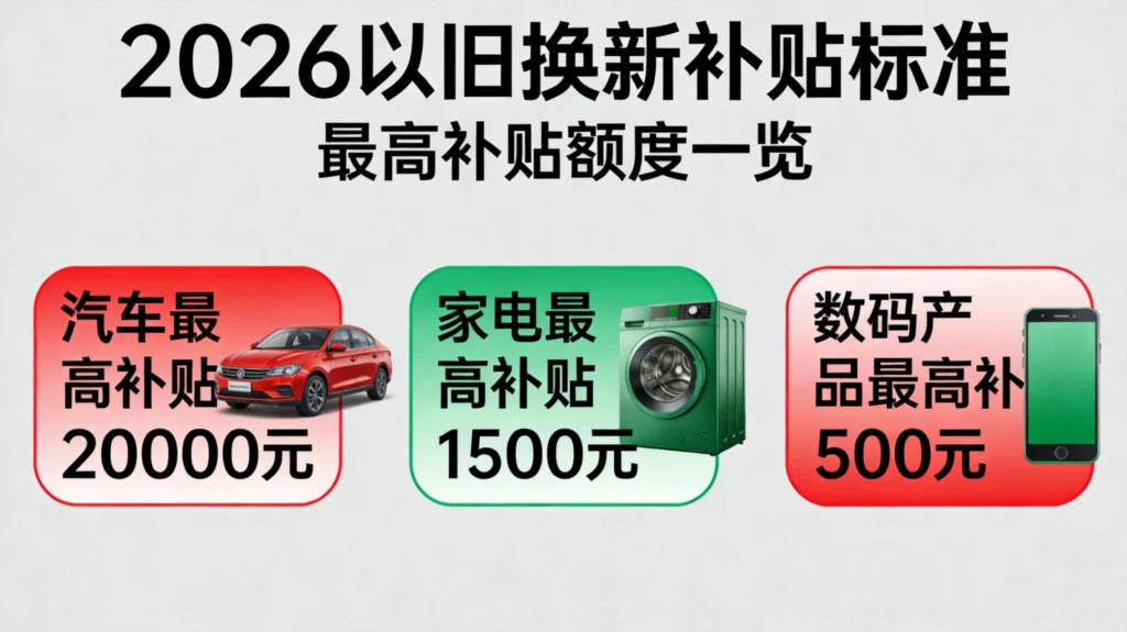 2026国补补贴标准信息图，汽车最高补2万与家电最高补1500元及数码最高补500元对比示意图