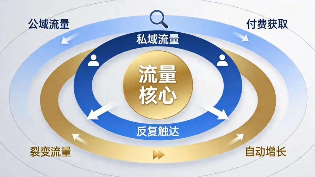 三层同心圆展示公域私域裂变流量,蓝金渐变层级清晰转化路径
