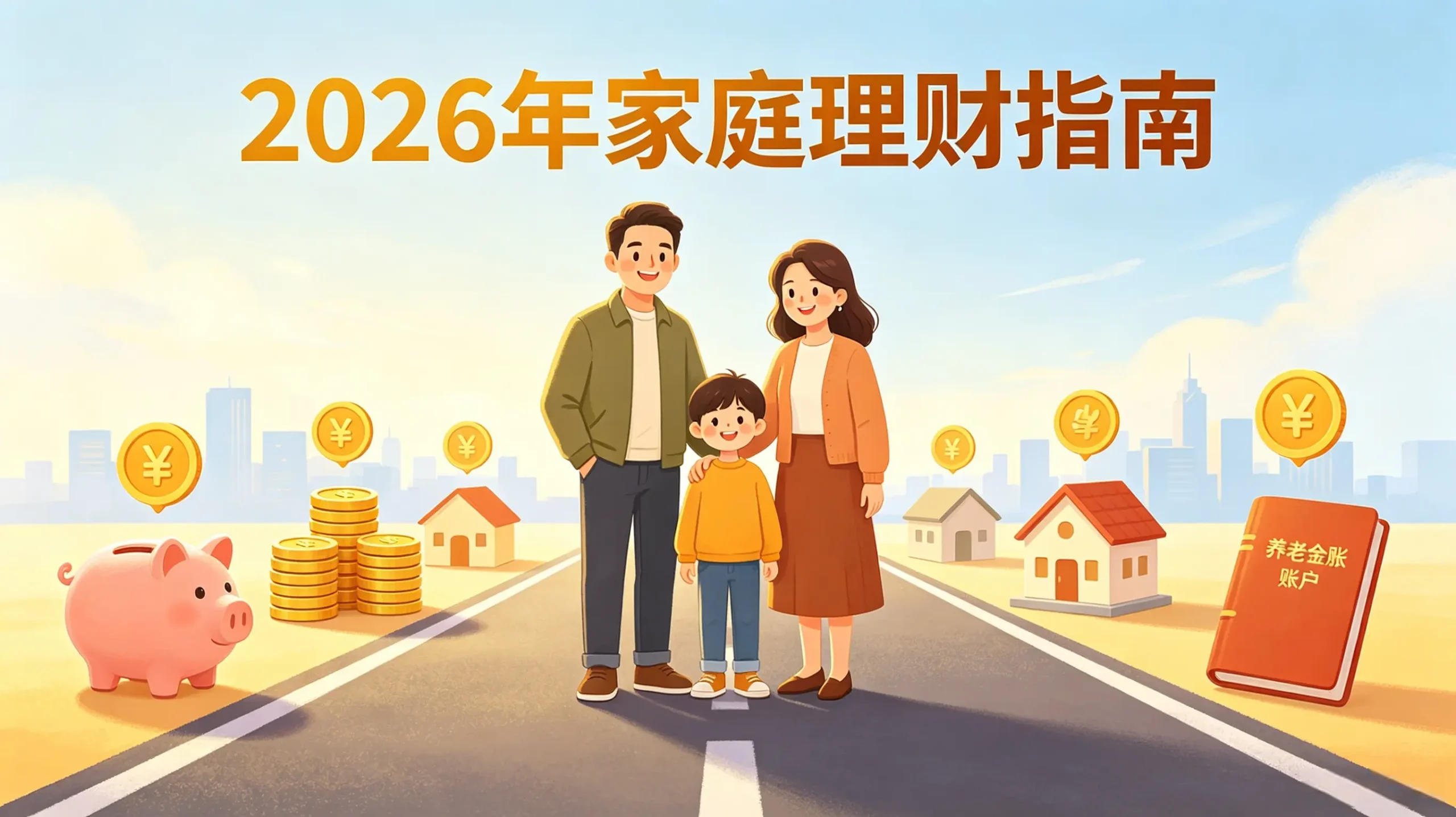 一个家庭站在通往未来的理财道路上，道路两旁有储蓄、房产、养老金等图标。