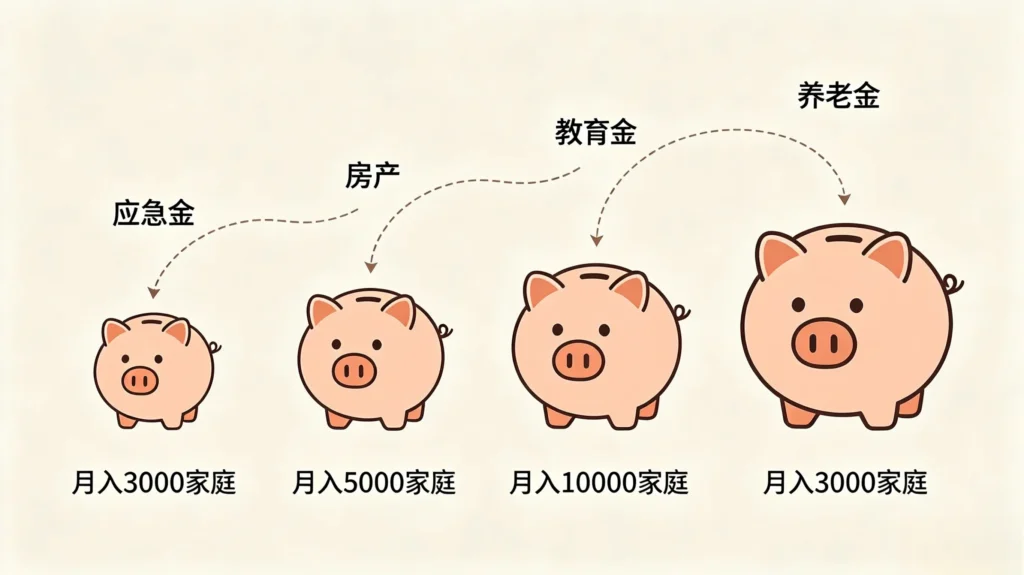 四个不同大小的储蓄罐代表不同收入家庭，每个都有通往应急金、房产等目标的路径。