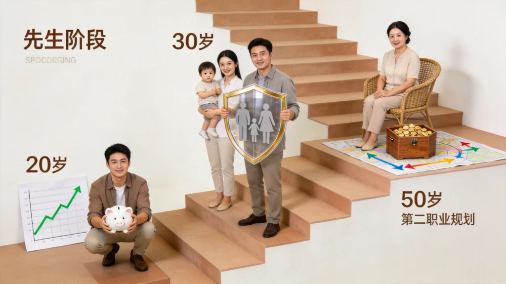 不同年龄段退休规划核心策略示意图,20岁30岁50岁储蓄保障第二曲线